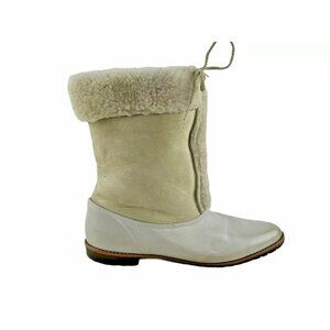 Womens Cream-Gray‎ Almond Toe Pull On Mid Calf Leather Snow Boots Size 8.5
